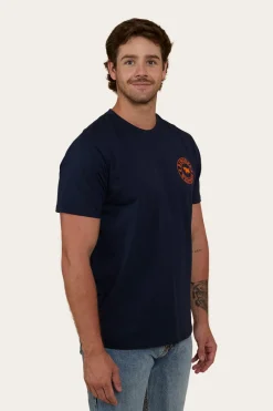Outlet Ringers Western Signature Bull Mens Loose Fit T-Shirt - Navy/Orange