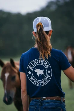 Online Ringers Western Signature Bull Womens Classic Fit T-Shirt - Navy/White