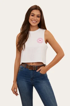 Hot Ringers Western Signature Bull Womens Crop Muscle Tank - White/Candy