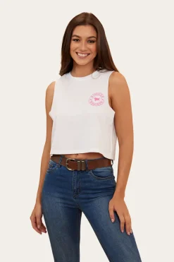 Hot Ringers Western Signature Bull Womens Crop Muscle Tank - White/Candy