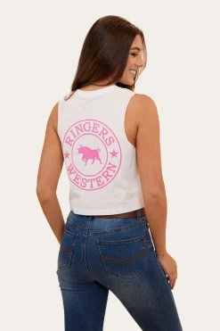 Hot Ringers Western Signature Bull Womens Crop Muscle Tank - White/Candy