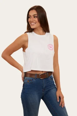 Hot Ringers Western Signature Bull Womens Crop Muscle Tank - White/Candy
