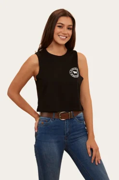 Hot Ringers Western Signature Bull Womens Crop Muscle Tank - Black/White
