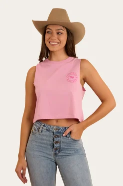 Clearance Ringers Western Signature Bull Womens Crop Muscle Tank - Pastel Pink
