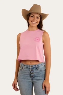 Clearance Ringers Western Signature Bull Womens Crop Muscle Tank - Pastel Pink