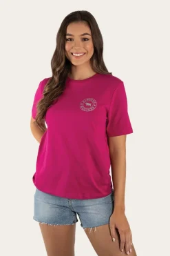 Discount Ringers Western Signature Bull Womens Loose Fit T-Shirt - Magenta/Silver