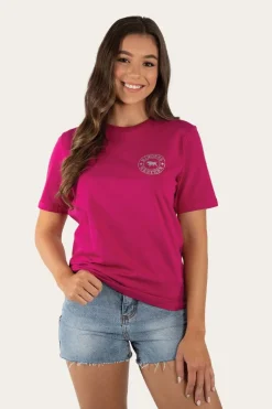 Discount Ringers Western Signature Bull Womens Loose Fit T-Shirt - Magenta/Silver