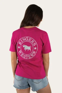 Discount Ringers Western Signature Bull Womens Loose Fit T-Shirt - Magenta/Silver