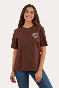 Discount Ringers Western Signature Bull Womens Loose Fit T-Shirt - Chocolate/White