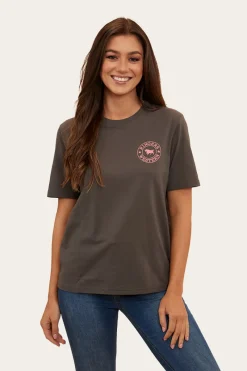Outlet Ringers Western Signature Bull Womens Loose Fit T-Shirt - Vintage Black/Strawberry