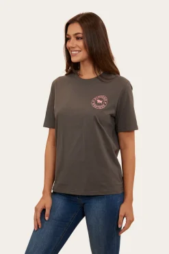 Outlet Ringers Western Signature Bull Womens Loose Fit T-Shirt - Vintage Black/Strawberry