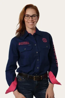 Clearance Ringers Western Signature Jillaroo Womens Full Button Work Shirt - Navy/Melon