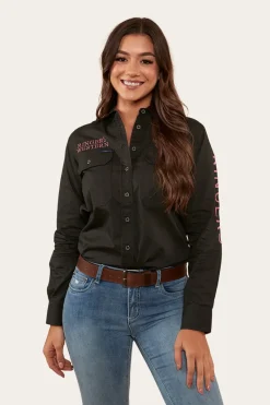 New Ringers Western Signature Jillaroo Womens Full Button Work Shirt - Charcoal/Dusty Rose