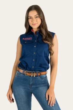 Sale Ringers Western Signature Jillaroo Womens Sleeveless Work Shirt - Navy/Melon