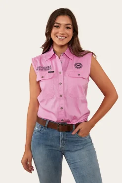 Outlet Ringers Western Signature Jillaroo Womens Sleeveless Work Shirt - Pastel Pink/Navy