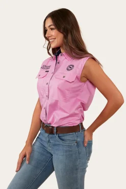 Outlet Ringers Western Signature Jillaroo Womens Sleeveless Work Shirt - Pastel Pink/Navy