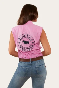 Outlet Ringers Western Signature Jillaroo Womens Sleeveless Work Shirt - Pastel Pink/Navy