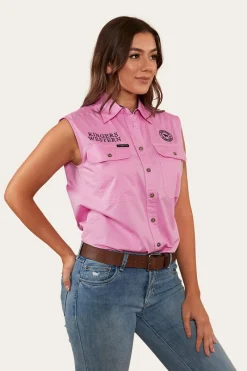 Outlet Ringers Western Signature Jillaroo Womens Sleeveless Work Shirt - Pastel Pink/Navy