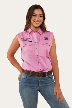 Outlet Ringers Western Signature Jillaroo Womens Sleeveless Work Shirt - Pastel Pink/Navy