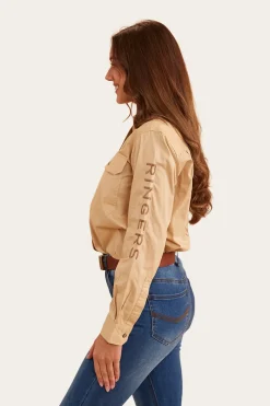 Hot Ringers Western Signature Jillaroo Womens Full Button Work Shirt - Dark Sand/Clay