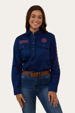 Outlet Ringers Western Signature Jillaroo Womens Half Button Work Shirt - Navy/Melon