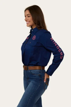 Outlet Ringers Western Signature Jillaroo Womens Half Button Work Shirt - Navy/Melon