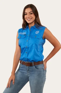 Hot Ringers Western Signature Jillaroo Womens Sleeveless Work Shirt - Blue/White