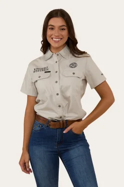 Outlet Ringers Western Signature Jillaroo Womens Full Button Short Sleeve Work Shirt - Beige / Navy