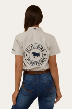 Outlet Ringers Western Signature Jillaroo Womens Full Button Short Sleeve Work Shirt - Beige / Navy