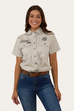 Outlet Ringers Western Signature Jillaroo Womens Full Button Short Sleeve Work Shirt - Beige / Navy