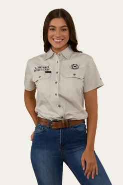 Outlet Ringers Western Signature Jillaroo Womens Full Button Short Sleeve Work Shirt - Beige / Navy