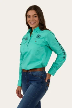 Outlet Ringers Western Signature Jillaroo Womens Half Button Work Shirt - Mint/Navy