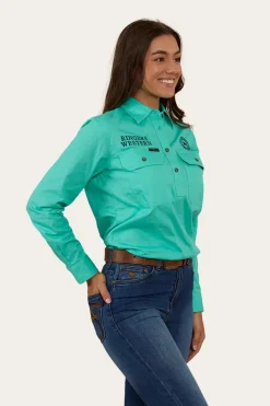 Outlet Ringers Western Signature Jillaroo Womens Half Button Work Shirt - Mint/Navy