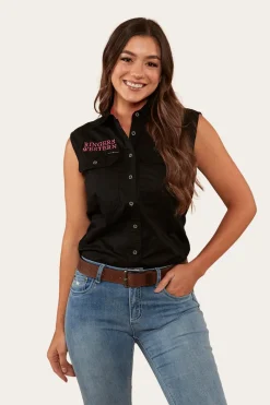 Outlet Ringers Western Signature Jillaroo Womens Sleeveless Work Shirt - Black/Melon