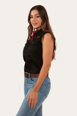 Outlet Ringers Western Signature Jillaroo Womens Sleeveless Work Shirt - Black/Melon
